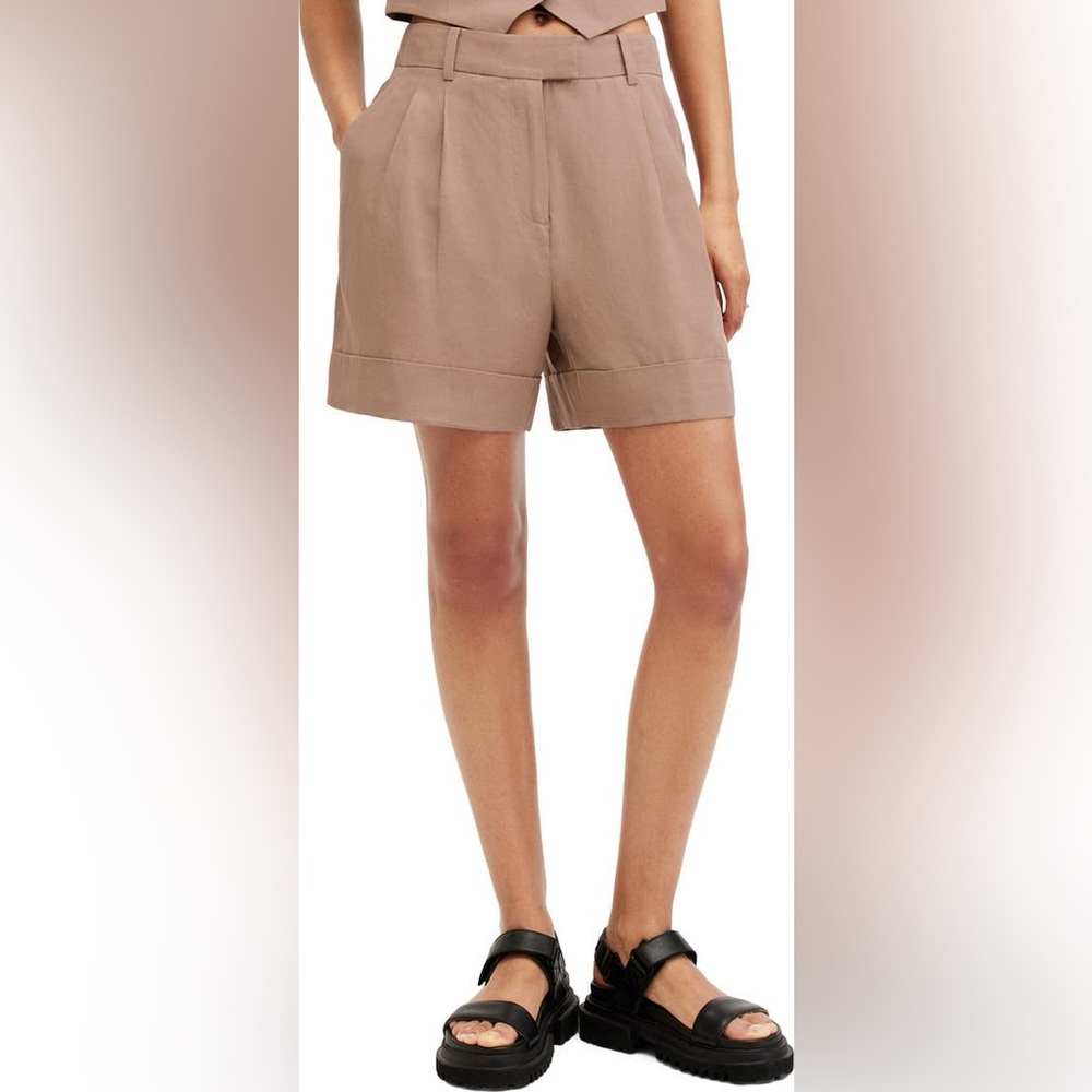 All Saints Taupe Pleated High-Waist Bermuda Shorts